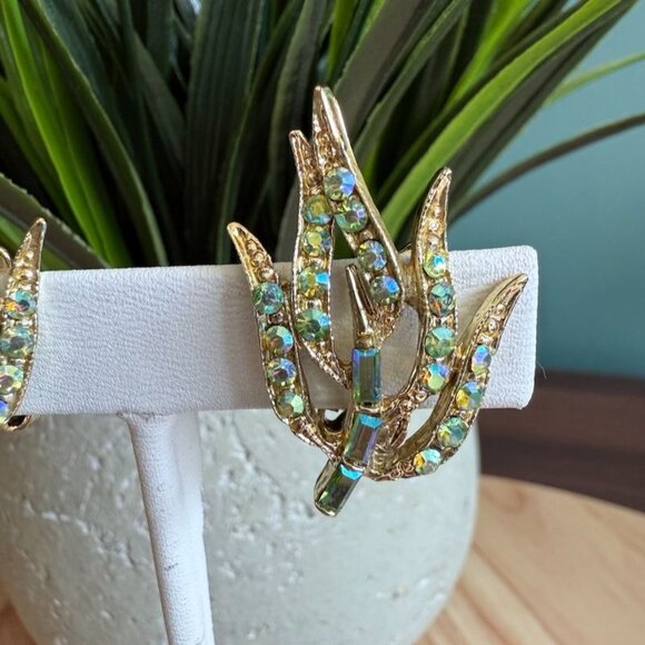 Vtg Doods Brooch & Earring Set Green Iridescent Rhinestones Gold Tone Statement - Picture 5 of 10
